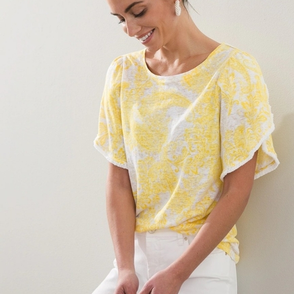 Chico's Tops - Chico's Linen Blouse Womens Size M Yellow White Paisley Print Flutter Sleeve